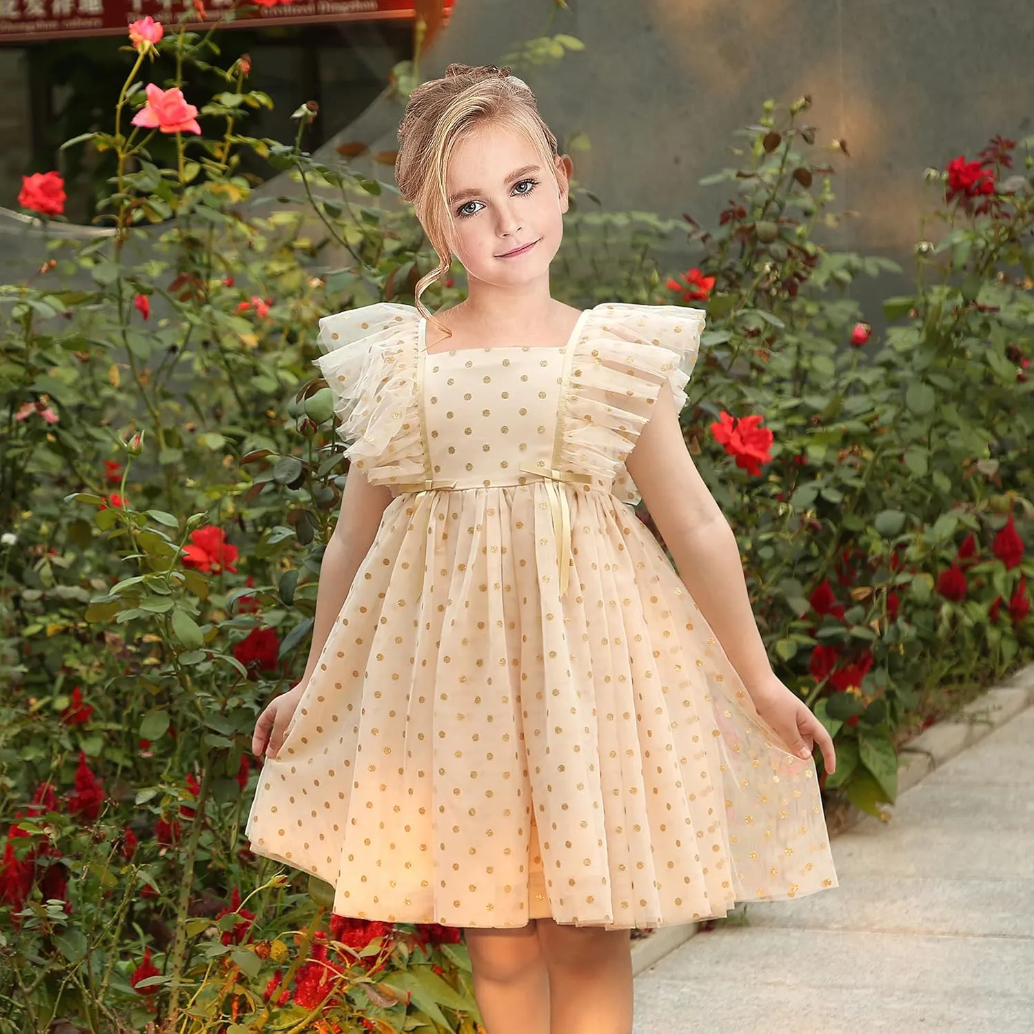 Sunny Fashion Girls Dress Floral Ruffle Tulle Skirt Flutter Flare Sleeve