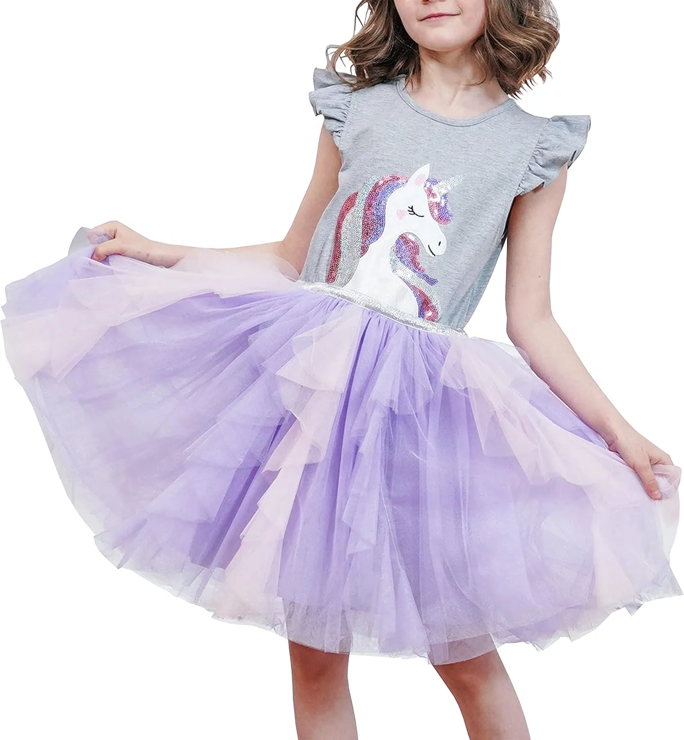 Sunny Fashion Girls Dress Purple Short Sleeve Rainbow Tulle Skirt Birthday Party