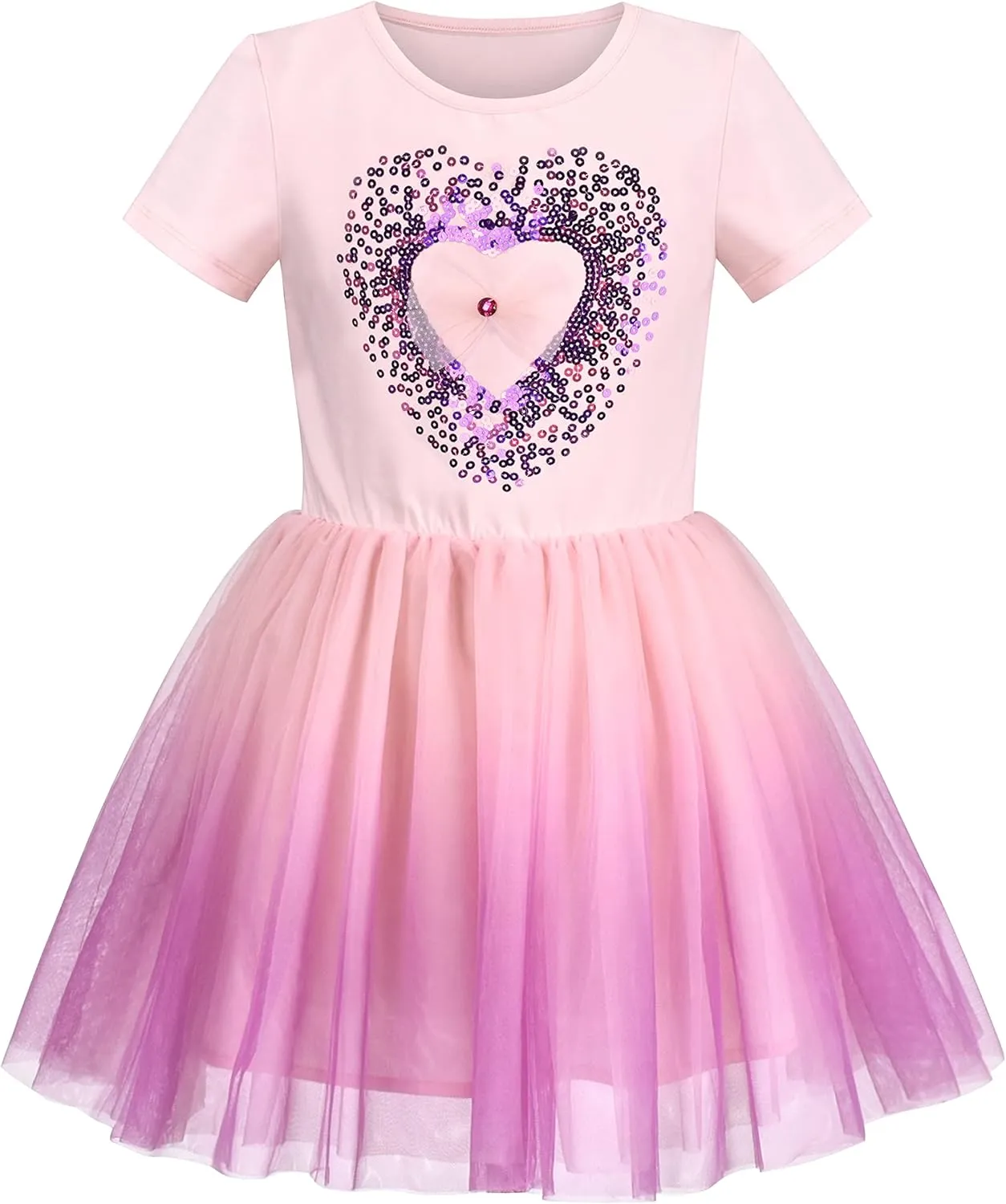 Sunny Fashion Girls Dress Purple Short Sleeve Rainbow Tulle Skirt Birthday Party