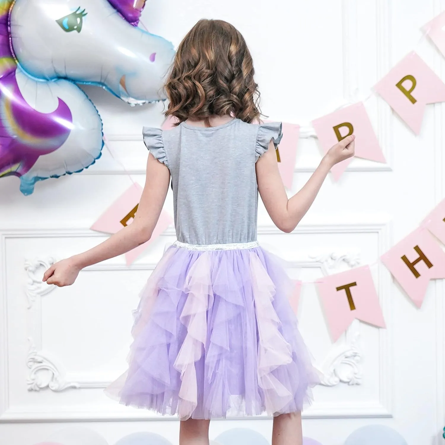 Sunny Fashion Girls Dress Purple Short Sleeve Rainbow Tulle Skirt Birthday Party