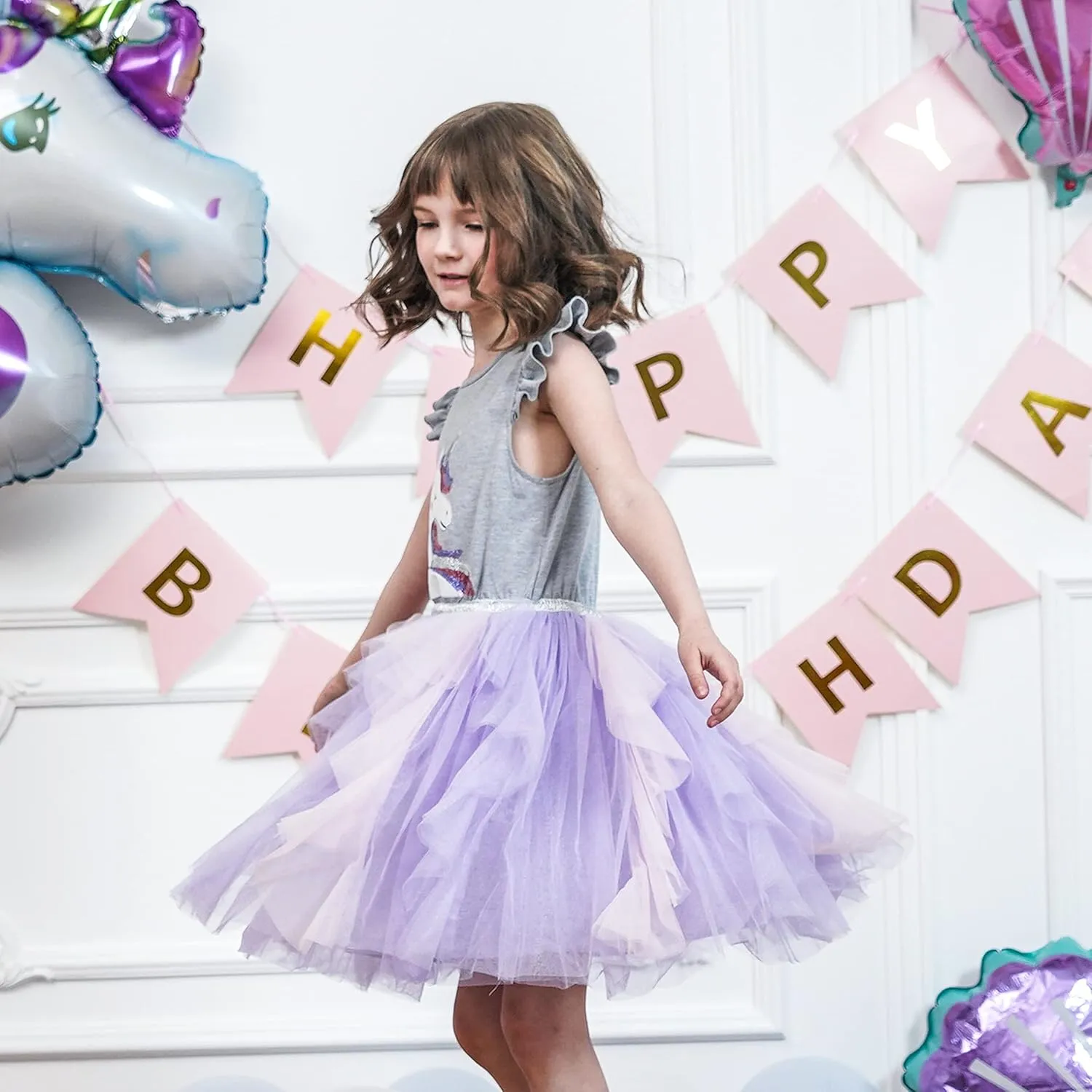 Sunny Fashion Girls Dress Purple Short Sleeve Rainbow Tulle Skirt Birthday Party