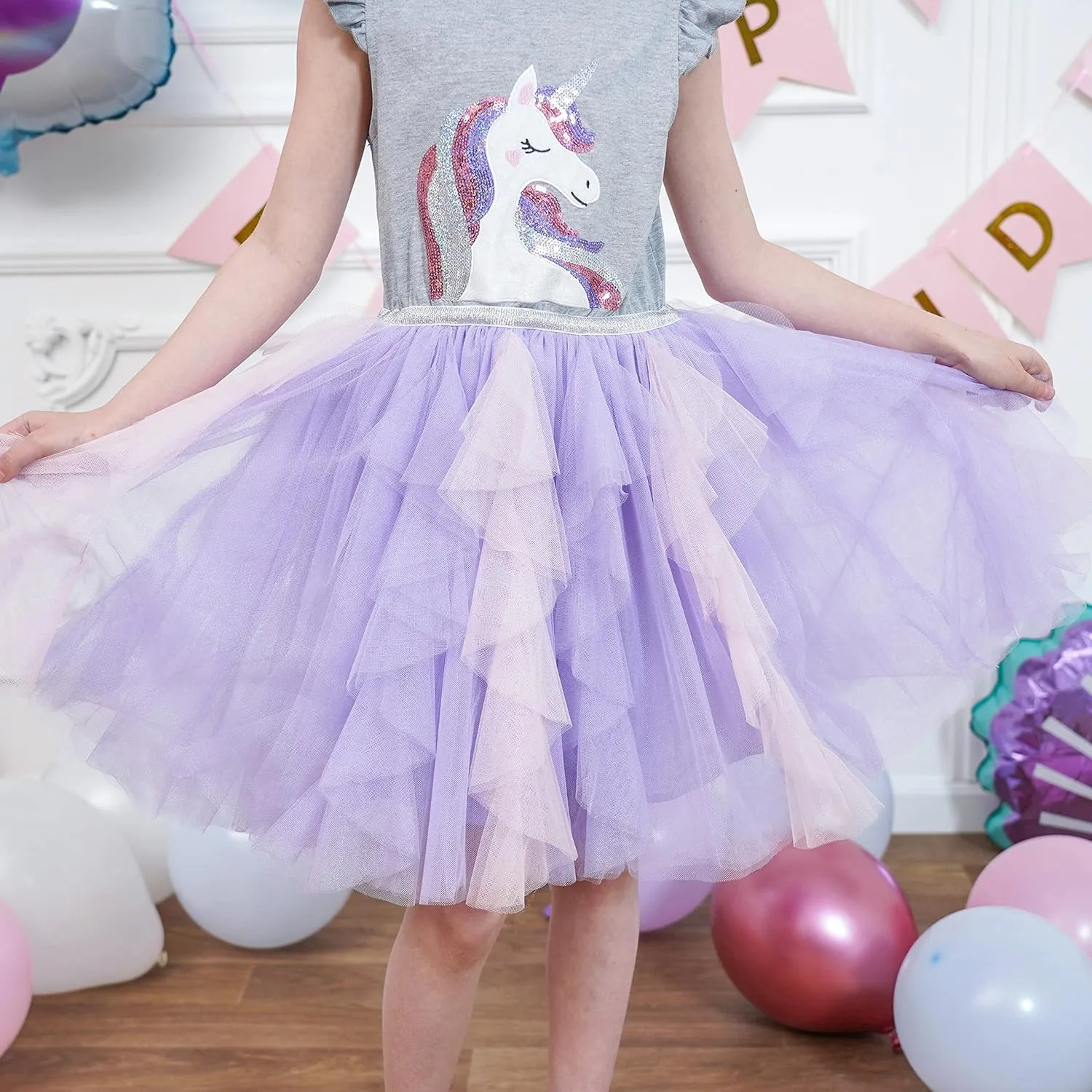 Sunny Fashion Girls Dress Purple Short Sleeve Rainbow Tulle Skirt Birthday Party