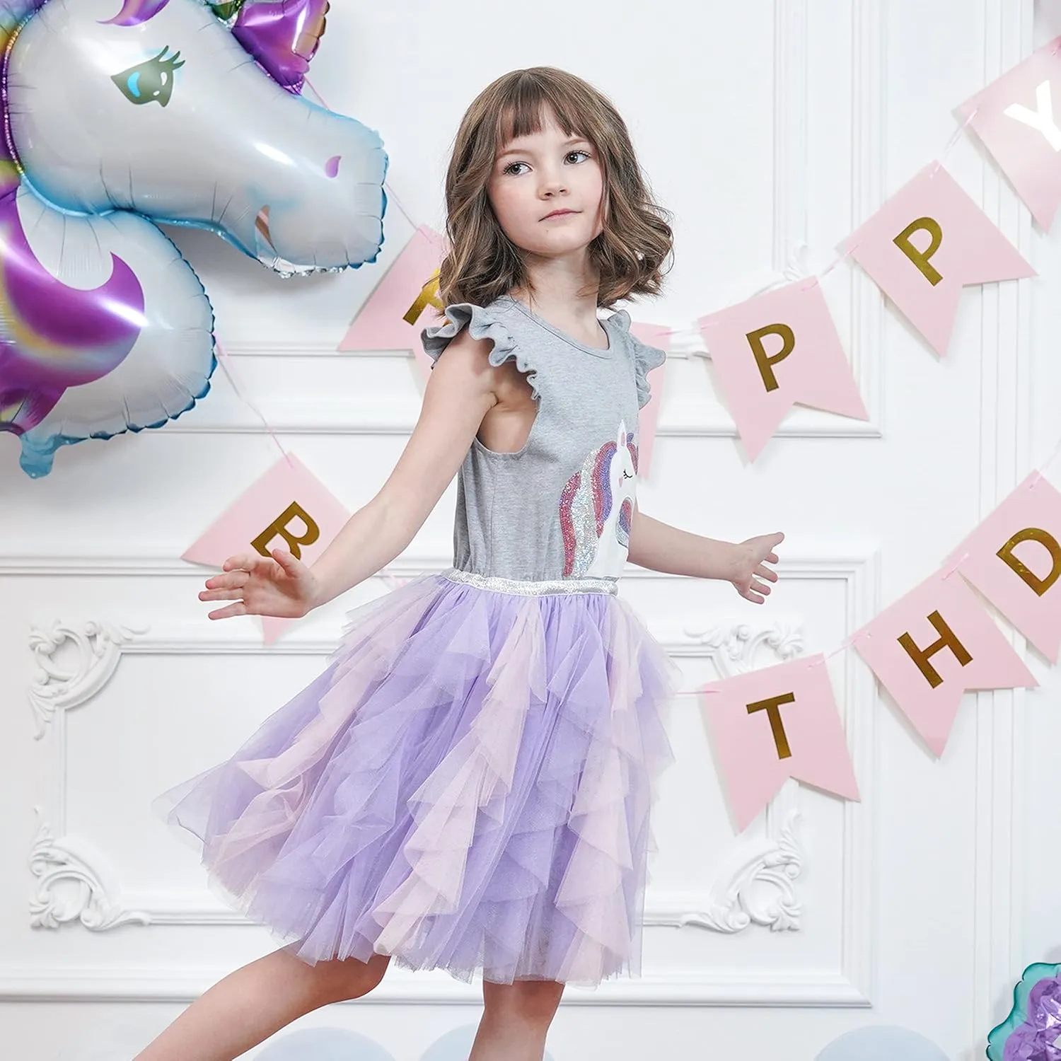 Sunny Fashion Girls Dress Purple Short Sleeve Rainbow Tulle Skirt Birthday Party