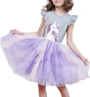 Sunny Fashion Girls Dress Purple Short Sleeve Rainbow Tulle Skirt Birthday Party