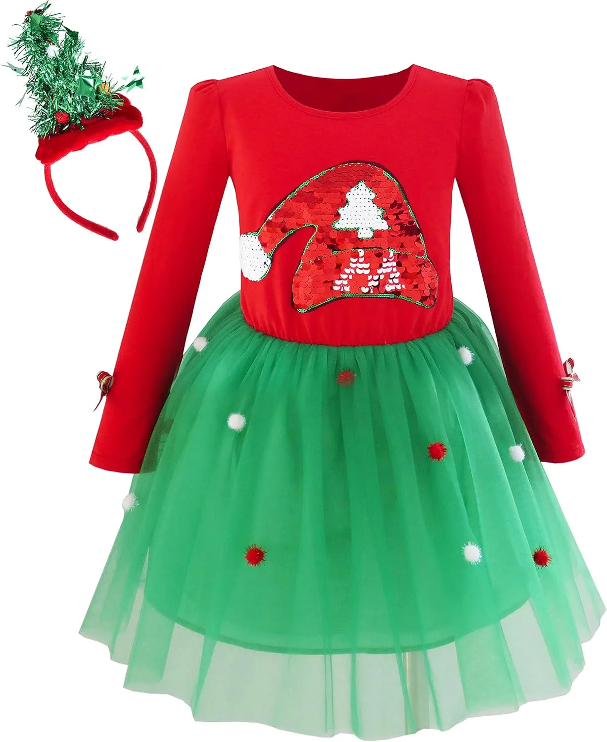 Sunny Fashion Girls Dress Reindeer Headband Santa Christmas Long Sleeve Party Dress