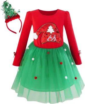 Sunny Fashion Girls Dress Reindeer Headband Santa Christmas Long Sleeve Party Dress