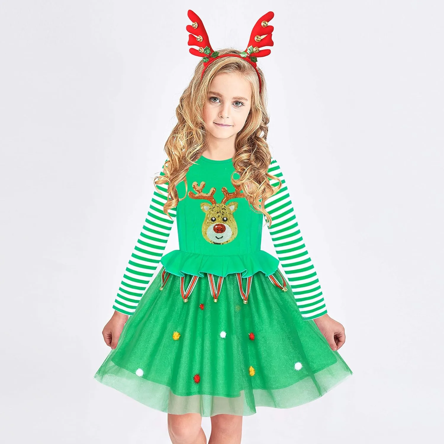 Sunny Fashion Girls Dress Reindeer Headband Santa Christmas Long Sleeve Party Dress