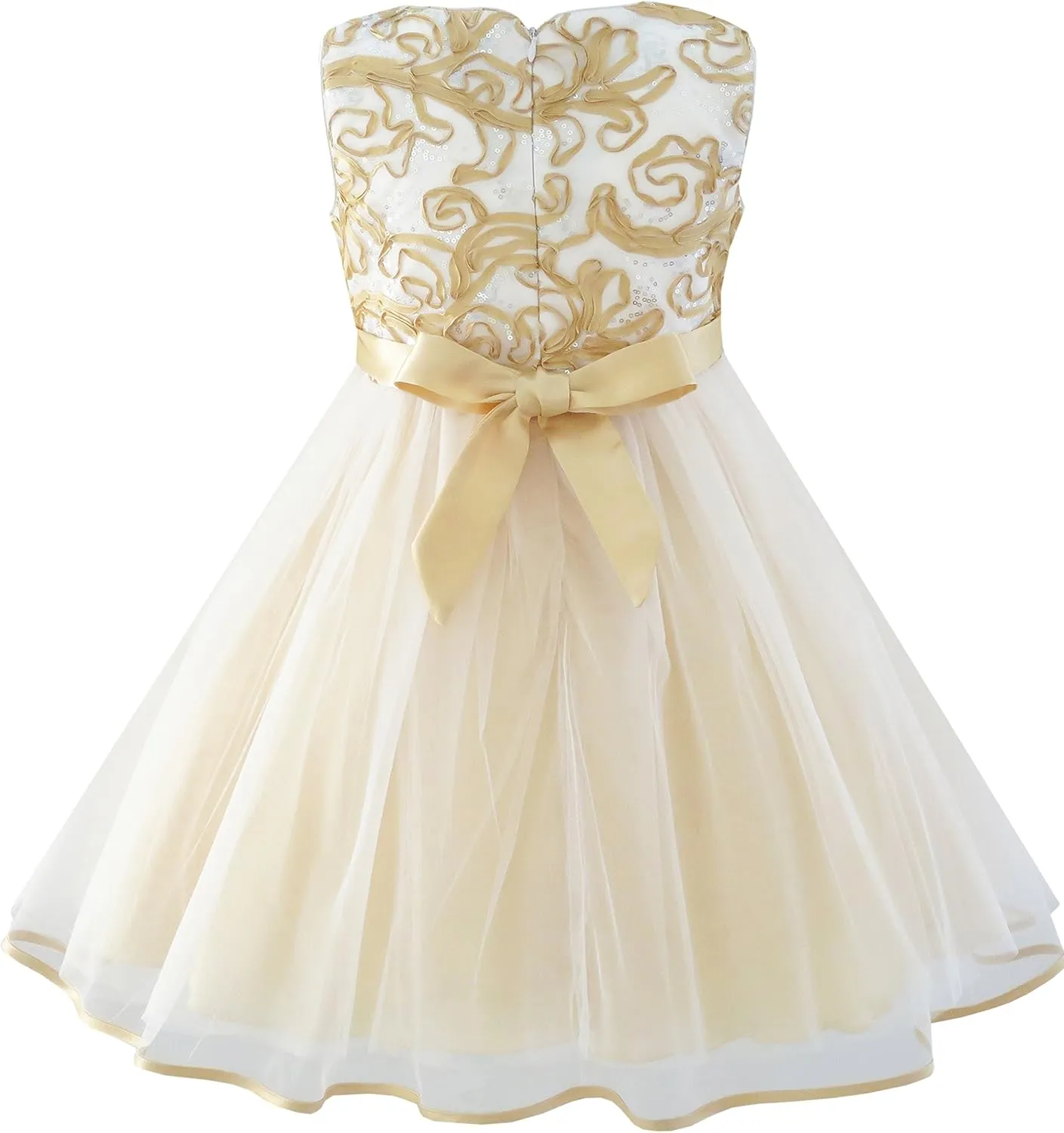 Sunny Fashion Girls Dress Shinning Sequins Beige Tulle Layers Wedding Pageant