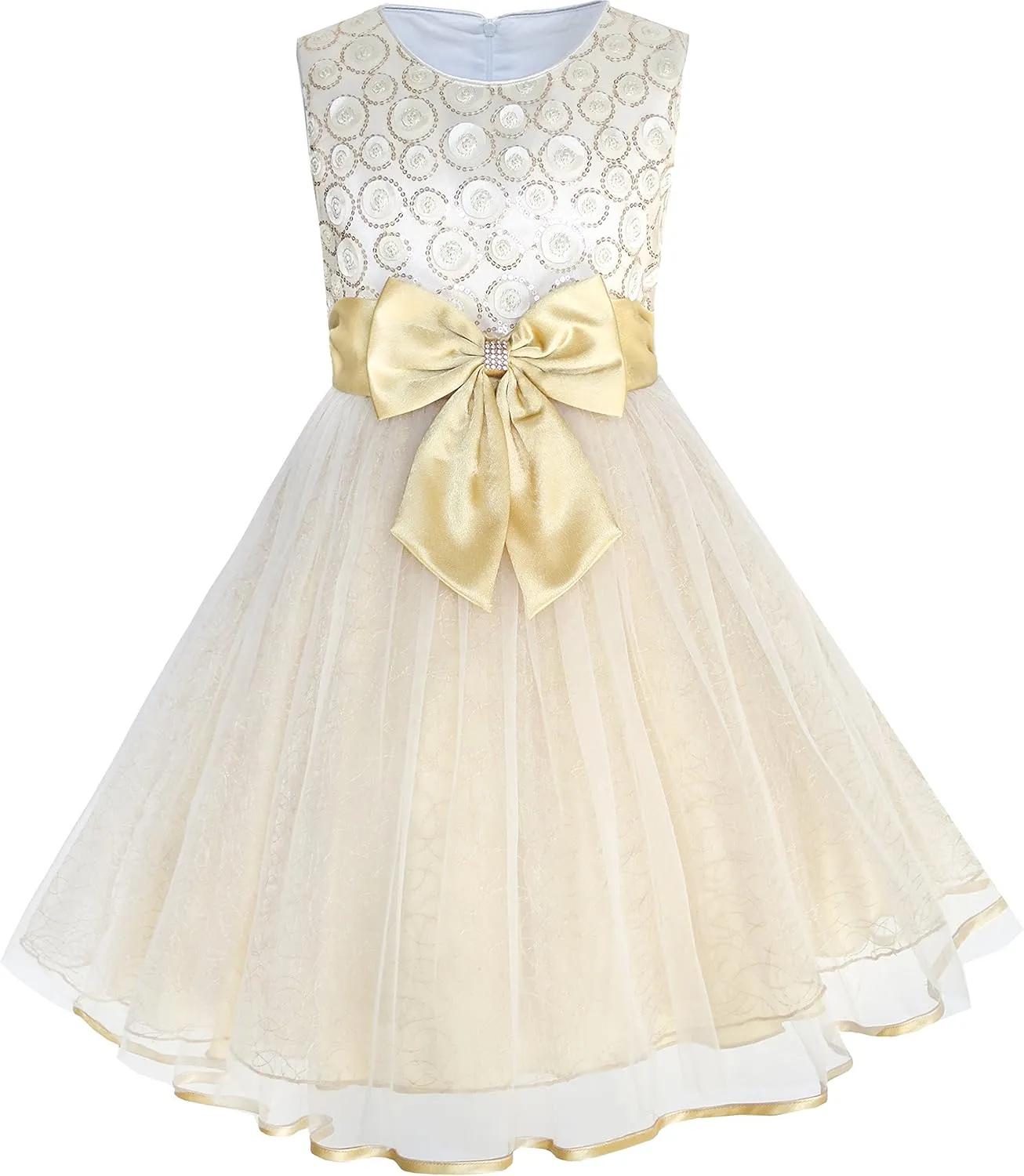 Sunny Fashion Girls Dress Shinning Sequins Beige Tulle Layers Wedding Pageant