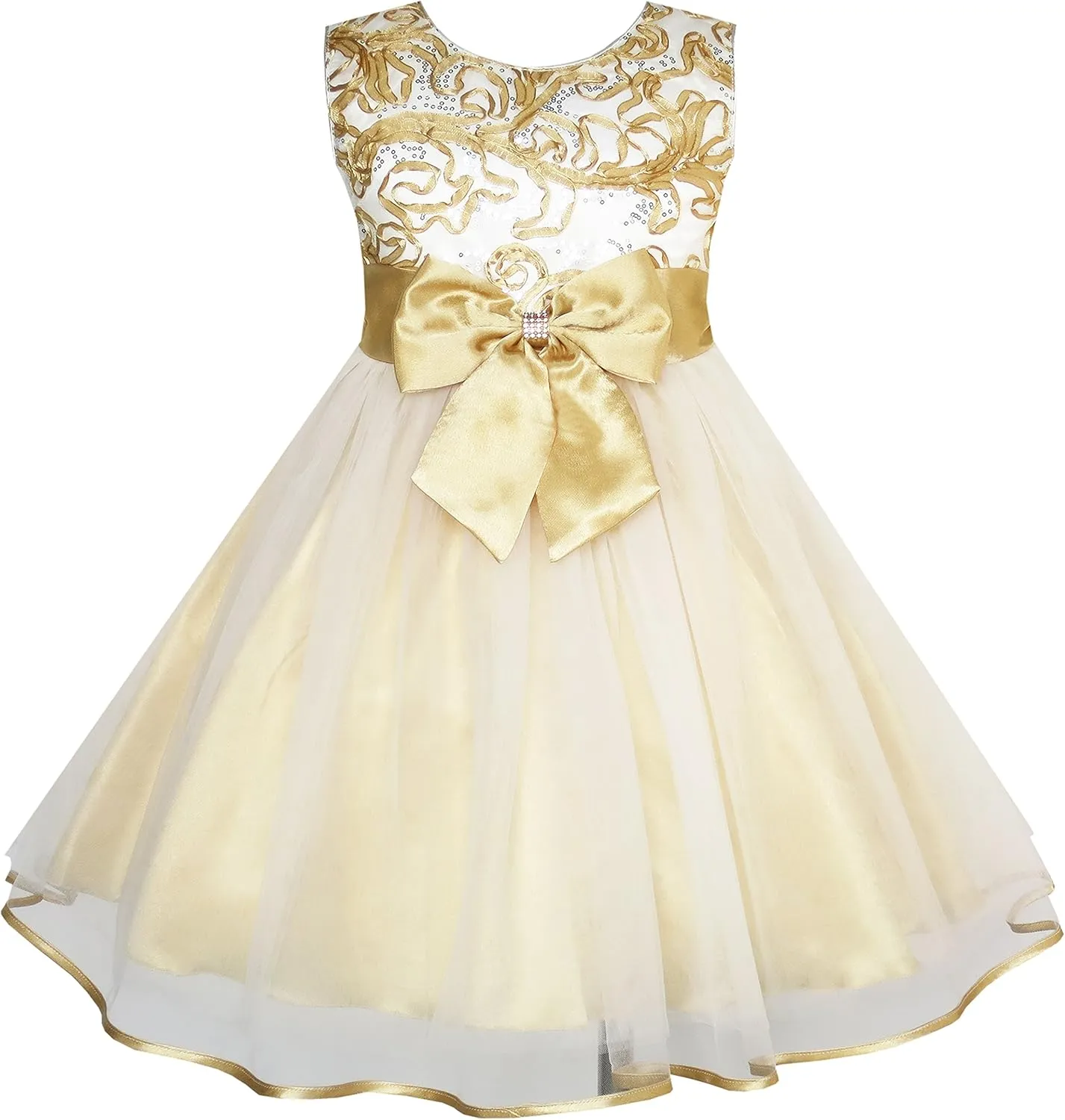 Sunny Fashion Girls Dress Shinning Sequins Beige Tulle Layers Wedding Pageant