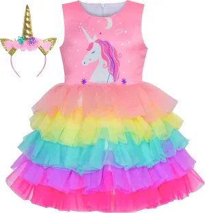 Sunny Fashion Girls Dress Unicorn Rainbow Tulle Unicorn Headband Party Size 4-10