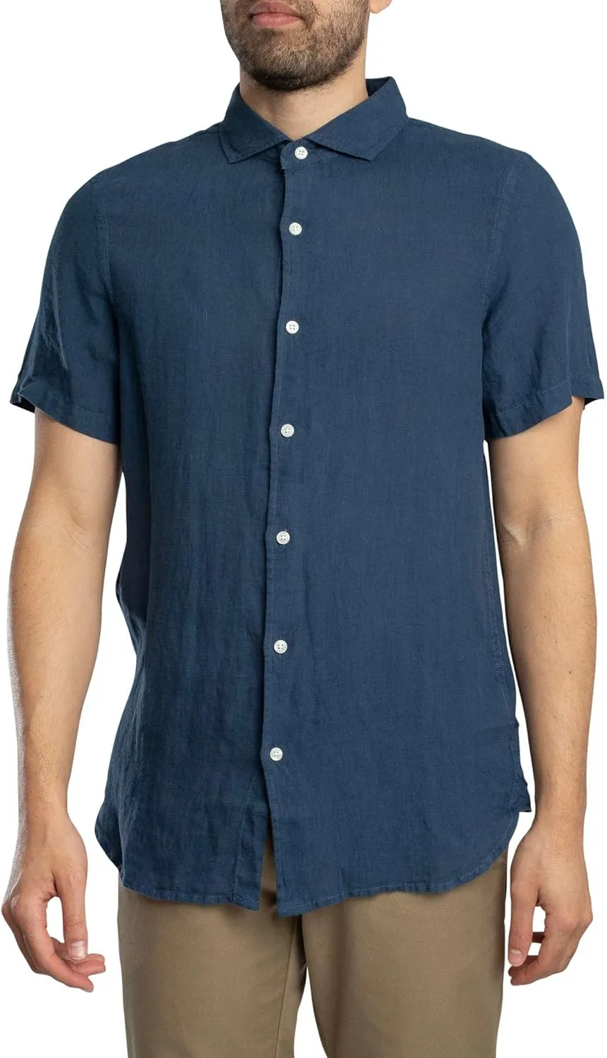 Superdry Men's Vacation Linen Short Sleeved Shirt, Navy