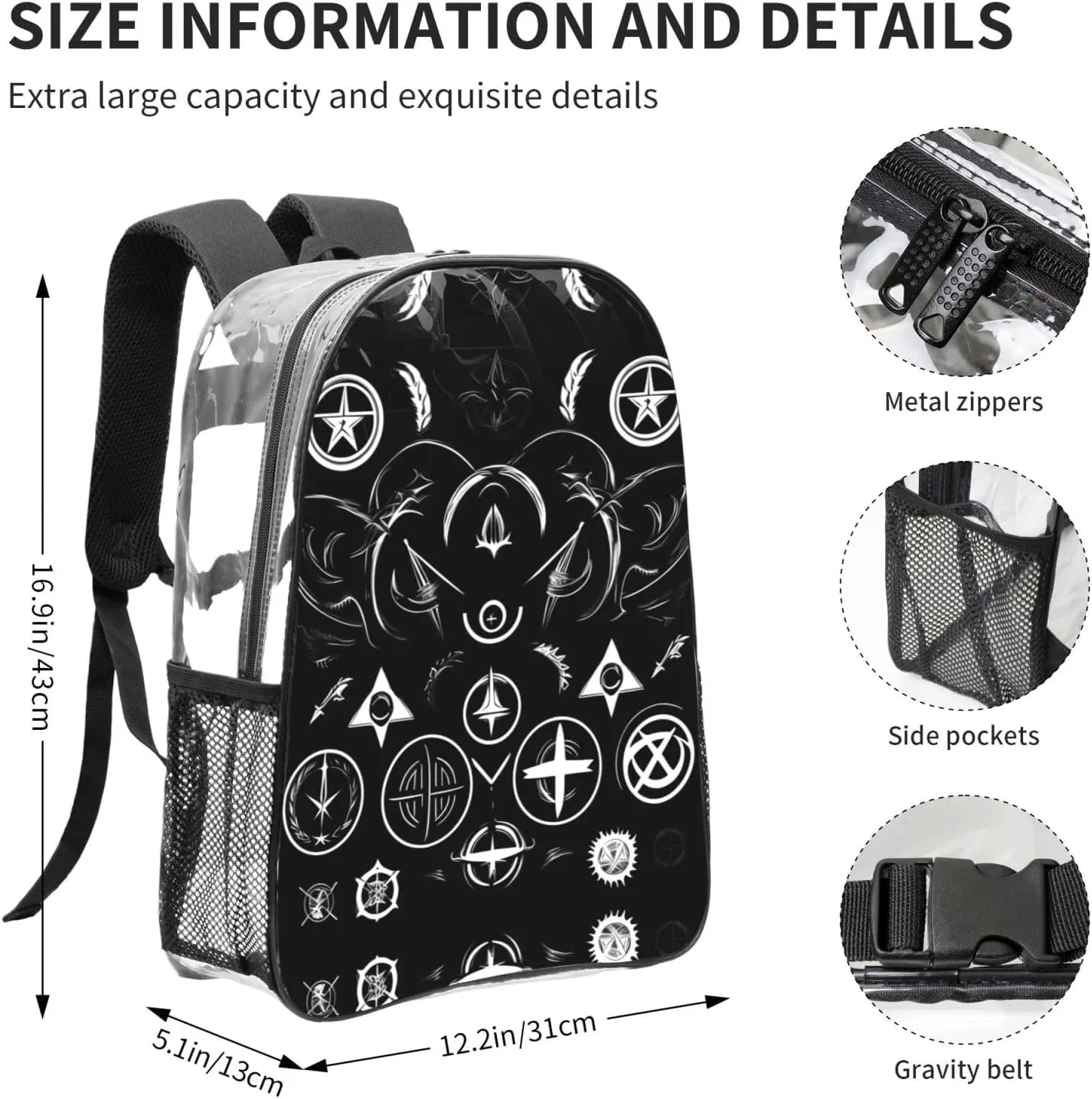 Supernatural Symbols Black Clear Backpack,High Capacity Clear Bag For Travel,Work,Festival, Concerts Women Men Unisex