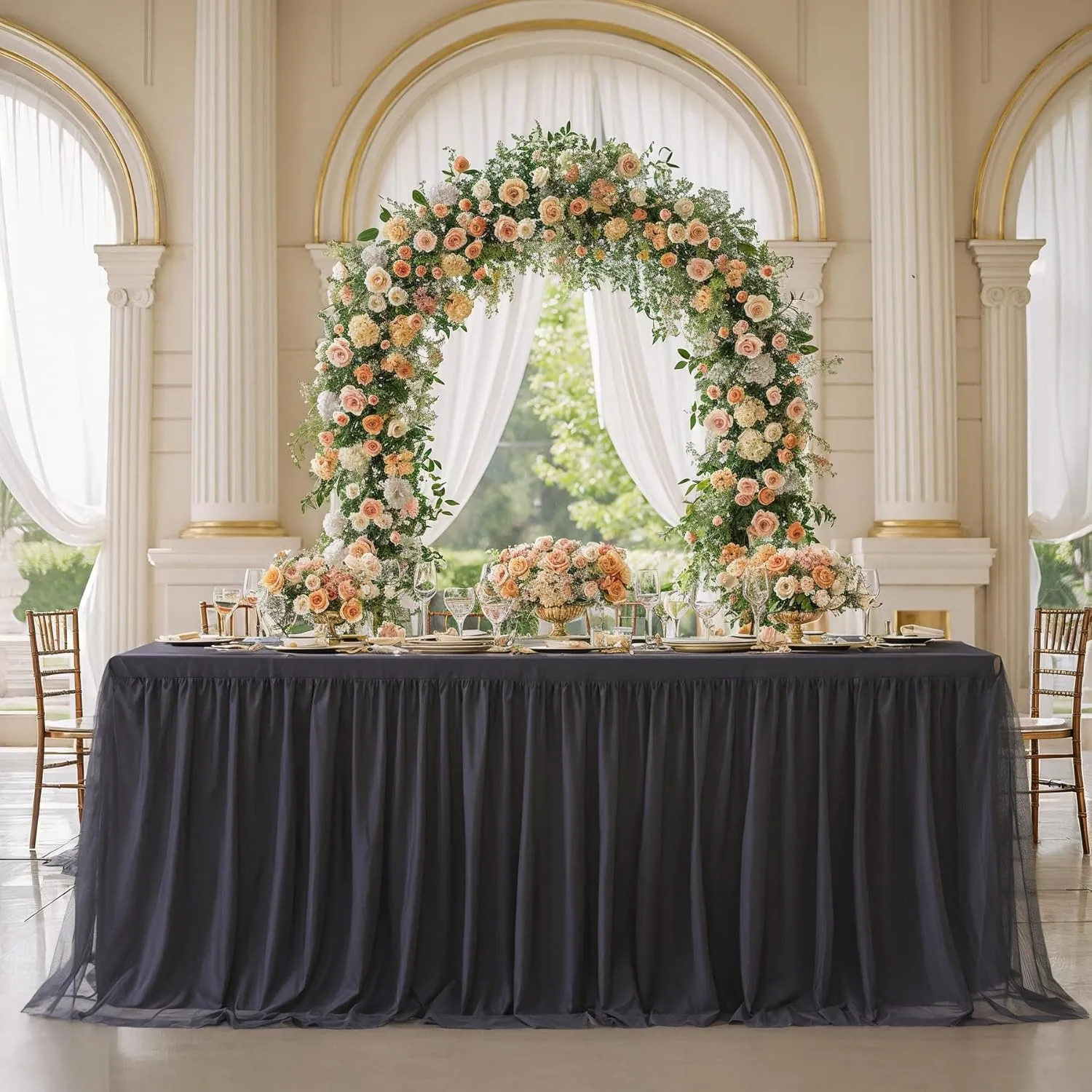 Suppromo Black Tablecloths for 6 Foot Rectangular Tables, 6ft Black Tulle Table Skirt Wrinkle Free Table Cover with Tutu Skirt for Wedding Birthday Party Banquet Buffet Tradeshow Decorations