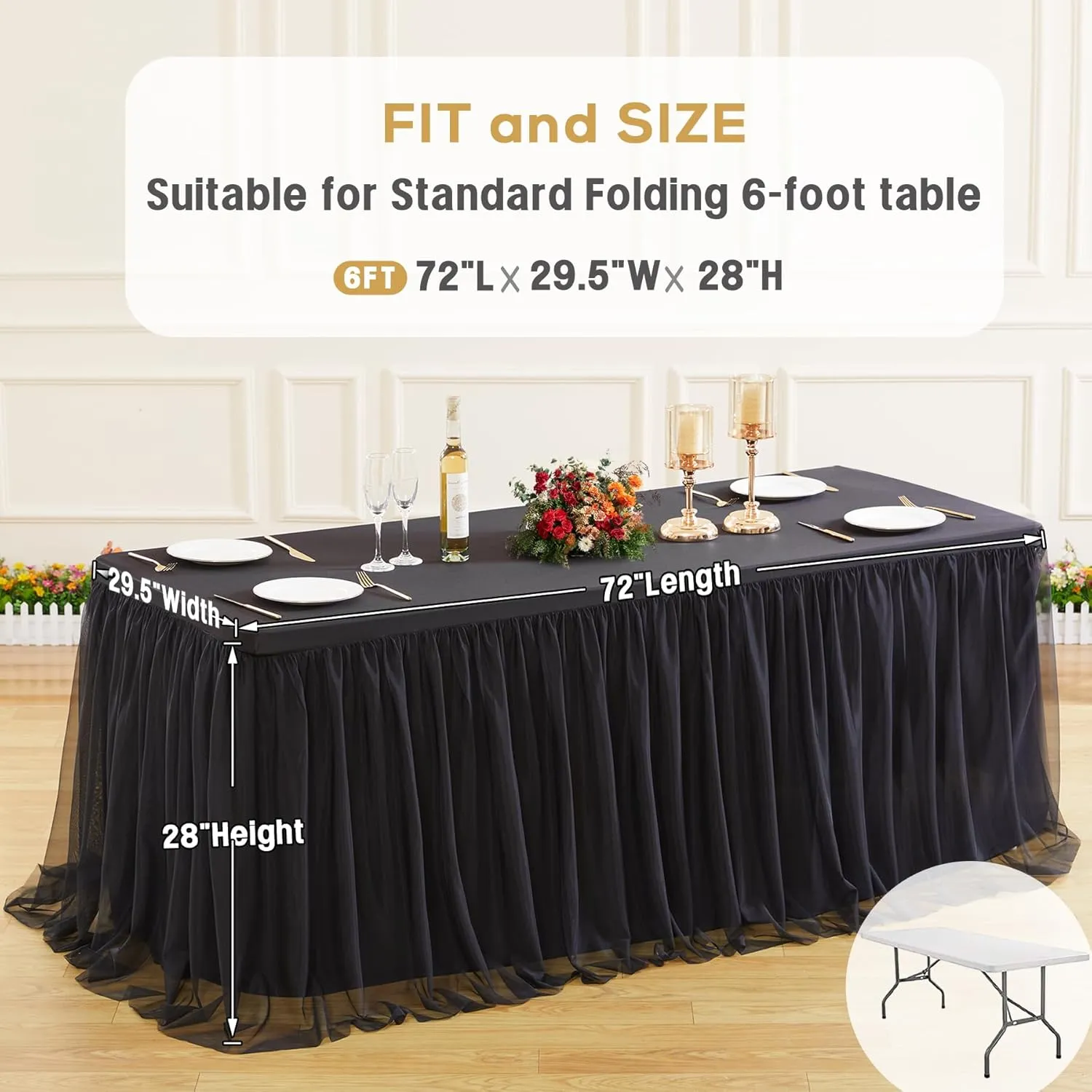 Suppromo Black Tablecloths for 6 Foot Rectangular Tables, 6ft Black Tulle Table Skirt Wrinkle Free Table Cover with Tutu Skirt for Wedding Birthday Party Banquet Buffet Tradeshow Decorations