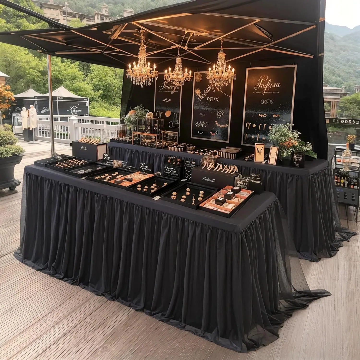 Suppromo Black Tablecloths for 6 Foot Rectangular Tables, 6ft Black Tulle Table Skirt Wrinkle Free Table Cover with Tutu Skirt for Wedding Birthday Party Banquet Buffet Tradeshow Decorations