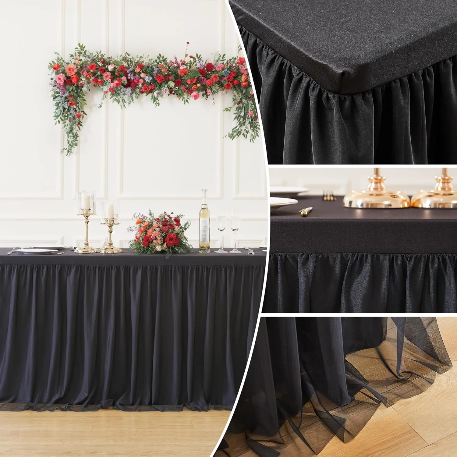 Suppromo Black Tablecloths for 6 Foot Rectangular Tables, 6ft Black Tulle Table Skirt Wrinkle Free Table Cover with Tutu Skirt for Wedding Birthday Party Banquet Buffet Tradeshow Decorations