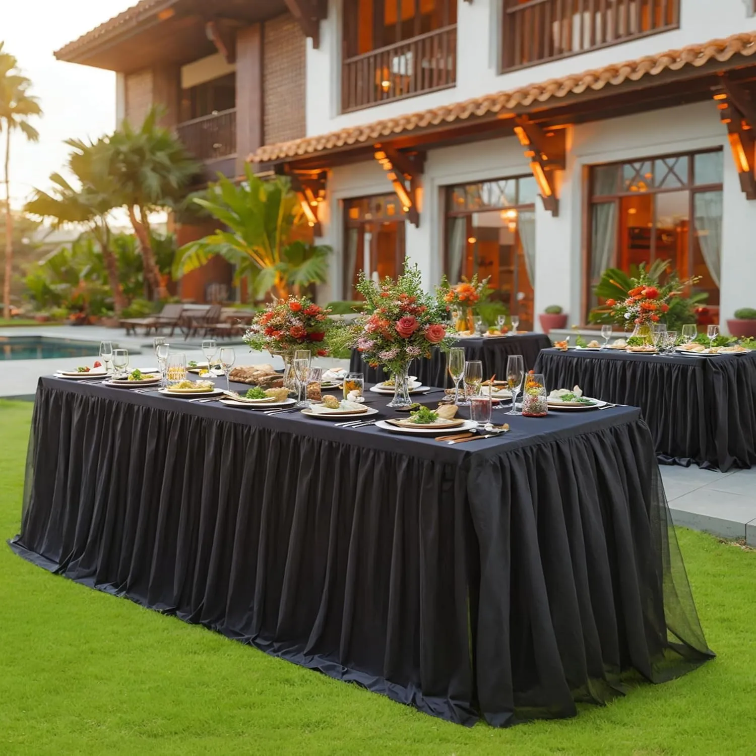Suppromo Black Tablecloths for 6 Foot Rectangular Tables, 6ft Black Tulle Table Skirt Wrinkle Free Table Cover with Tutu Skirt for Wedding Birthday Party Banquet Buffet Tradeshow Decorations