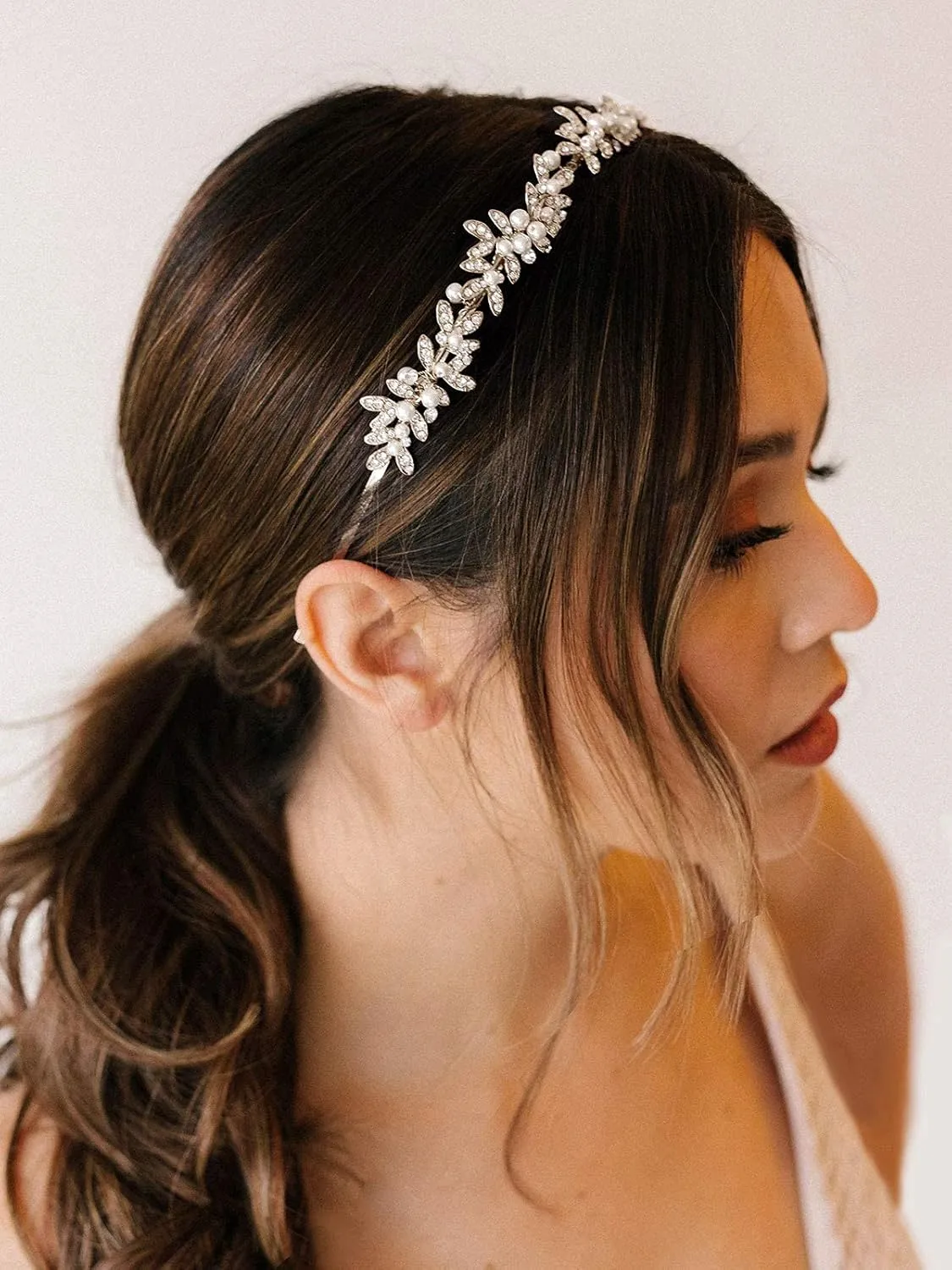 SWEETV Rhinestone Bridal Headband Crystal Tiara for Women Pearl Wedding Headpieces for Bride Hair Accessories for Prom Birthday Party