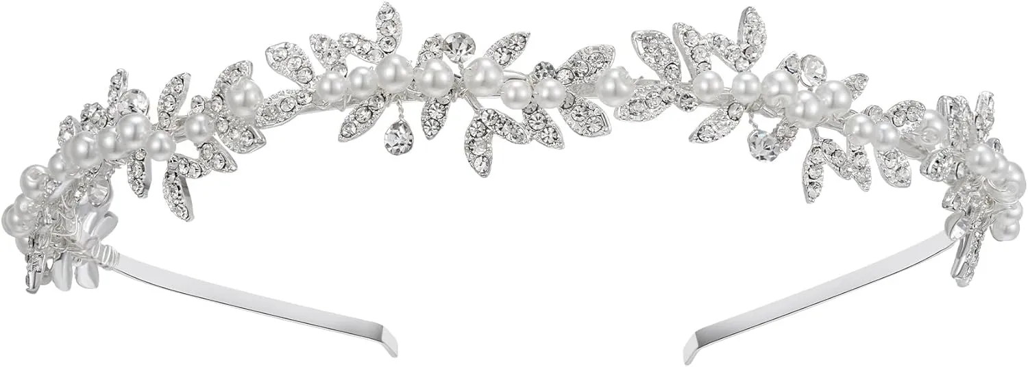SWEETV Rhinestone Bridal Headband Crystal Tiara for Women Pearl Wedding Headpieces for Bride Hair Accessories for Prom Birthday Party