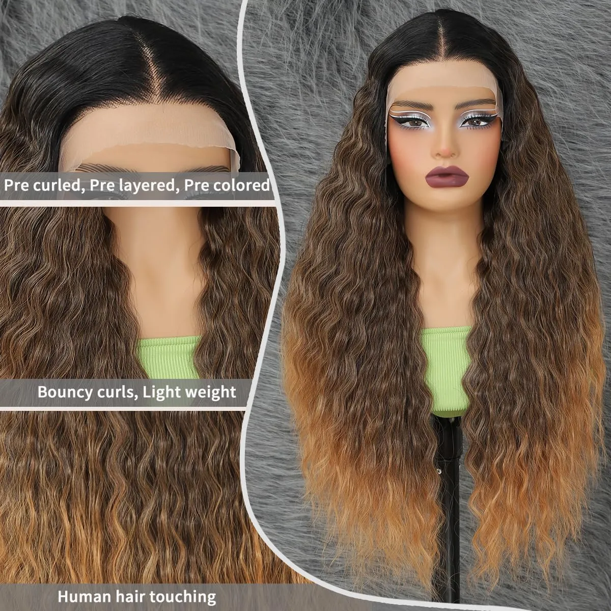 Synthetic Lace Front Wigs Pre Plucked Ombre Honey Blonde Natural Wavy Wig for Black Women 13x4x1 Middle Part Glueless Ready to Wear Daily Party Wear