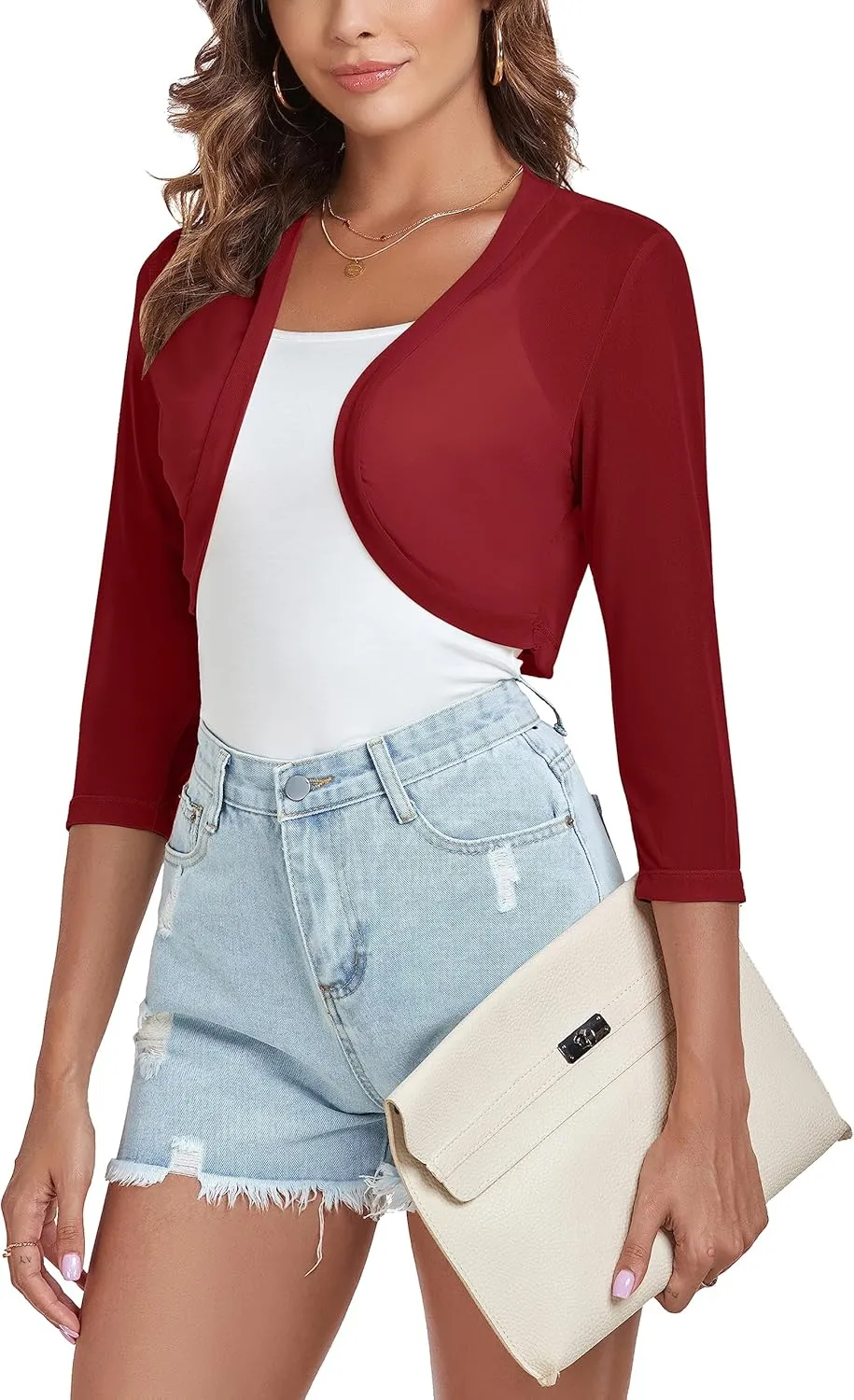 Tandisk Women's 3/4 Sleeve Shrug Open Front Cardigan Bolero Jacket