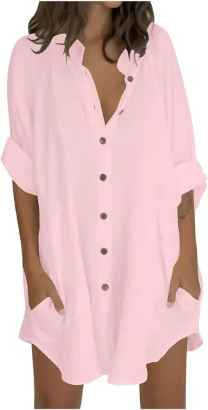 TANGNADE Womens Cotten Linen Blouse Summer Casual 3/4 Sleeve Shirts Loose Fit Oversized Tshirts Tunic Tops with Pockets