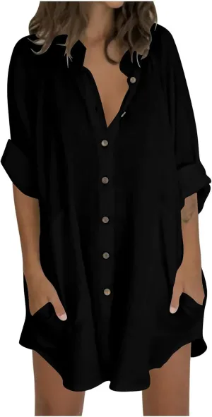 TANGNADE Womens Cotten Linen Blouse Summer Casual 3/4 Sleeve Shirts Loose Fit Oversized Tshirts Tunic Tops with Pockets