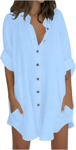 TANGNADE Womens Cotten Linen Blouse Summer Casual 3/4 Sleeve Shirts Loose Fit Oversized Tshirts Tunic Tops with Pockets