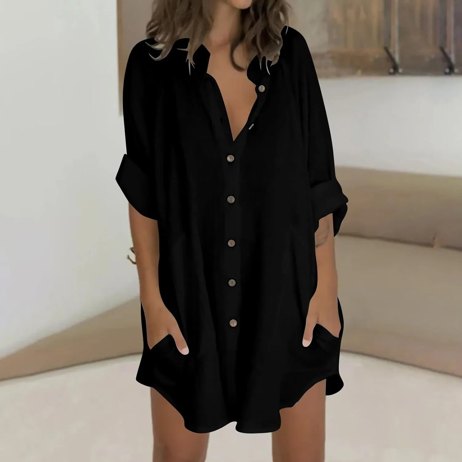 TANGNADE Womens Cotten Linen Blouse Summer Casual 3/4 Sleeve Shirts Loose Fit Oversized Tshirts Tunic Tops with Pockets
