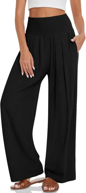 TARSE Womens Summer Linen Palazzo Pants Boho High Waisted Wide Leg Casual Long Lounge Pant Trousers with Pockets