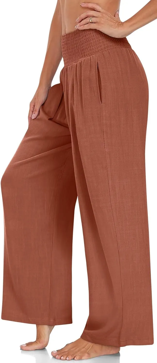 TARSE Womens Summer Linen Palazzo Pants Boho High Waisted Wide Leg Casual Long Lounge Pant Trousers with Pockets