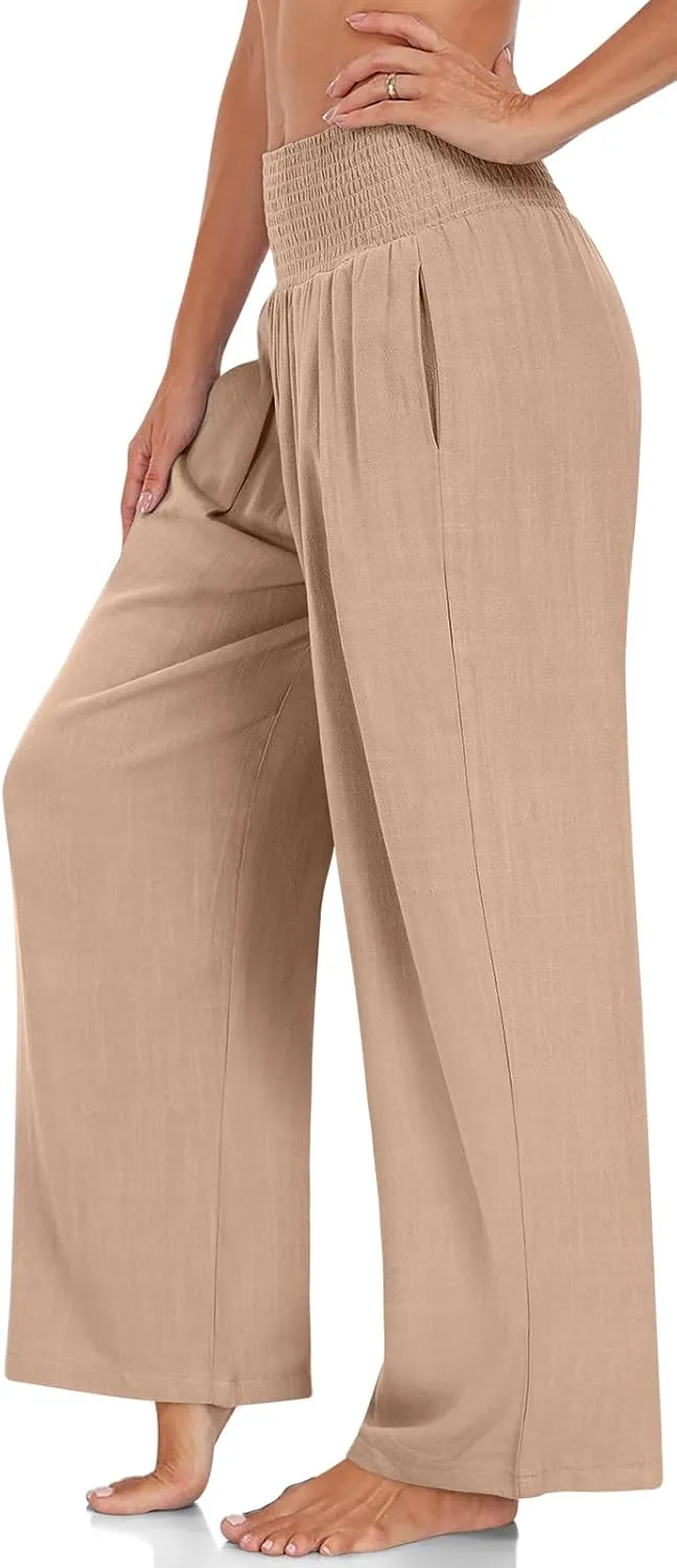 TARSE Womens Summer Linen Palazzo Pants Boho High Waisted Wide Leg Casual Long Lounge Pant Trousers with Pockets