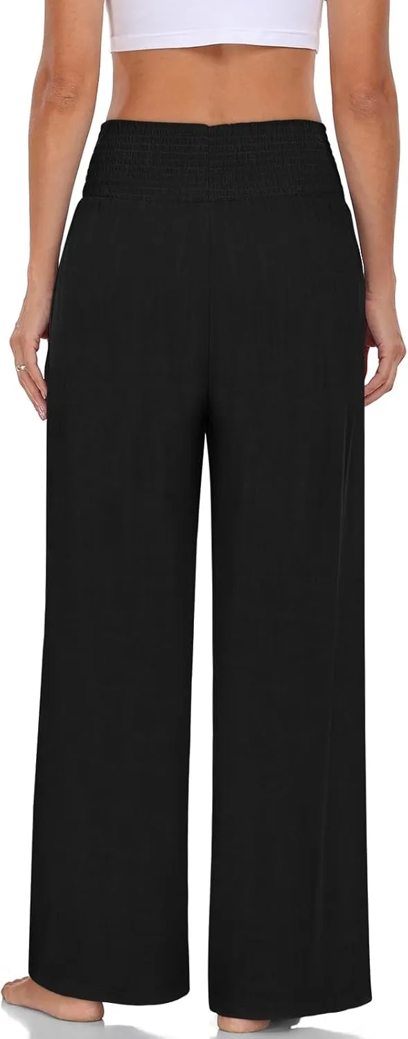 TARSE Womens Summer Linen Palazzo Pants Boho High Waisted Wide Leg Casual Long Lounge Pant Trousers with Pockets
