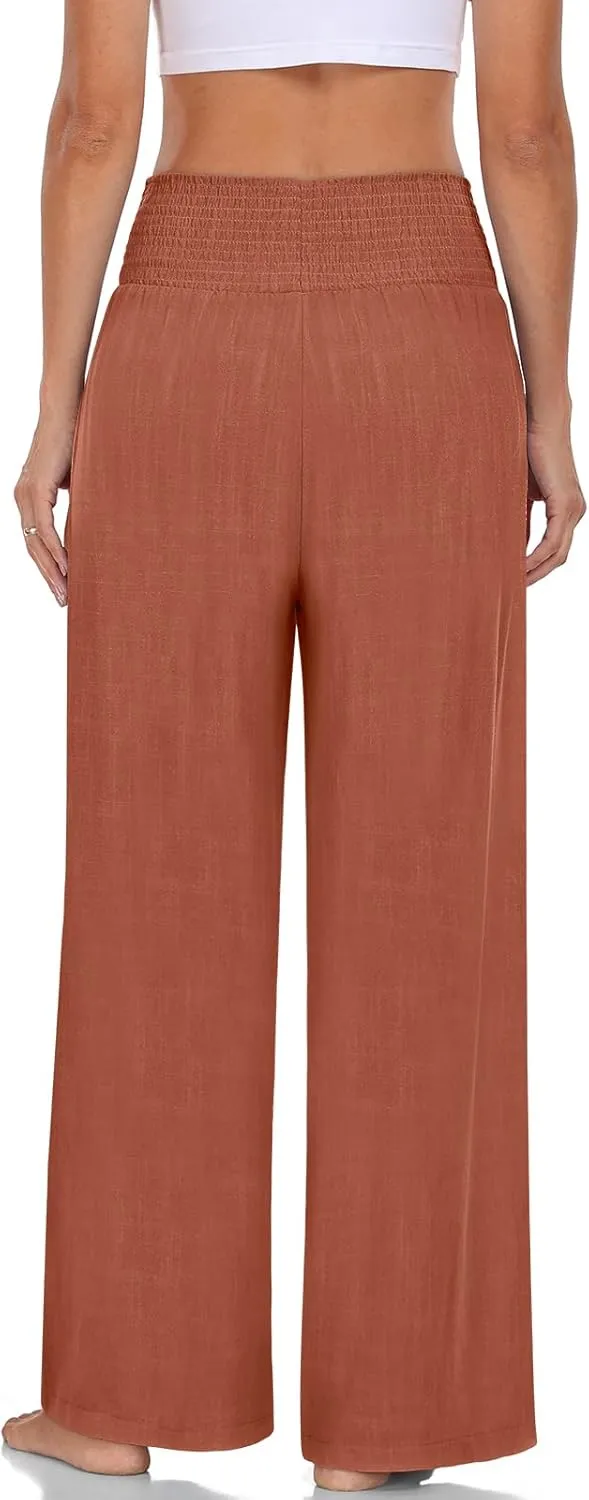 TARSE Womens Summer Linen Palazzo Pants Boho High Waisted Wide Leg Casual Long Lounge Pant Trousers with Pockets