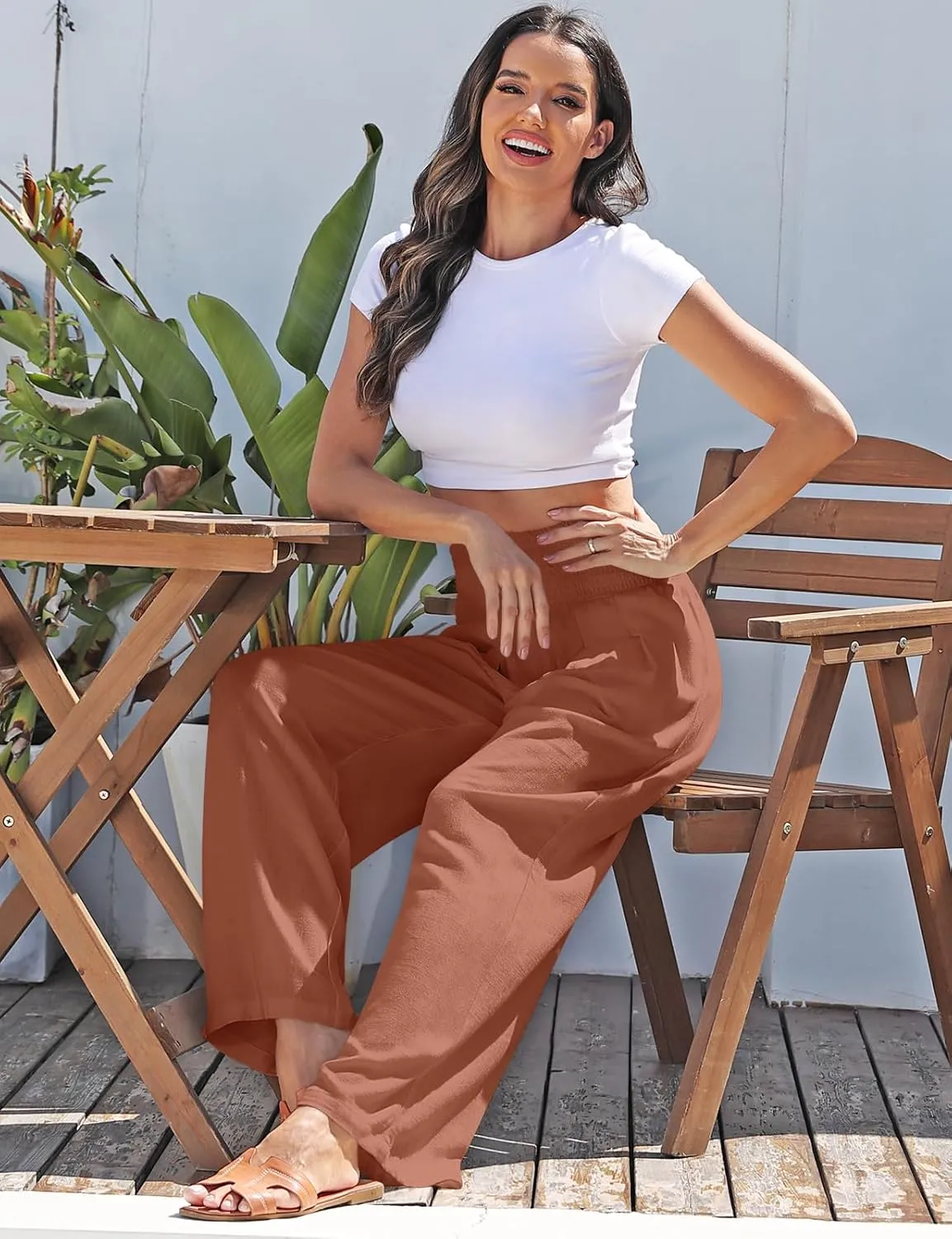 TARSE Womens Summer Linen Palazzo Pants Boho High Waisted Wide Leg Casual Long Lounge Pant Trousers with Pockets