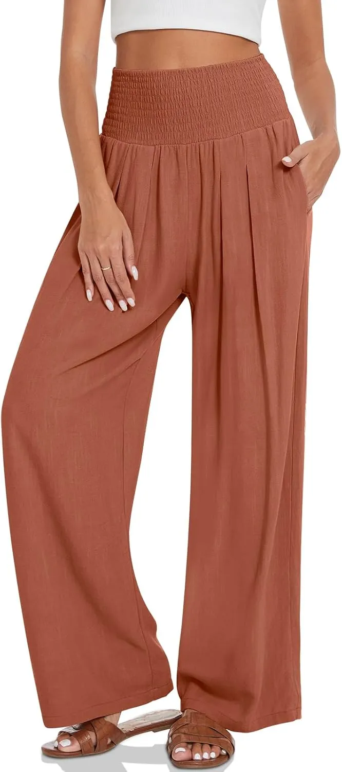 TARSE Womens Summer Linen Palazzo Pants Boho High Waisted Wide Leg Casual Long Lounge Pant Trousers with Pockets
