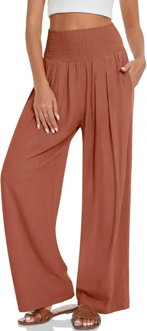 TARSE Womens Summer Linen Palazzo Pants Boho High Waisted Wide Leg Casual Long Lounge Pant Trousers with Pockets