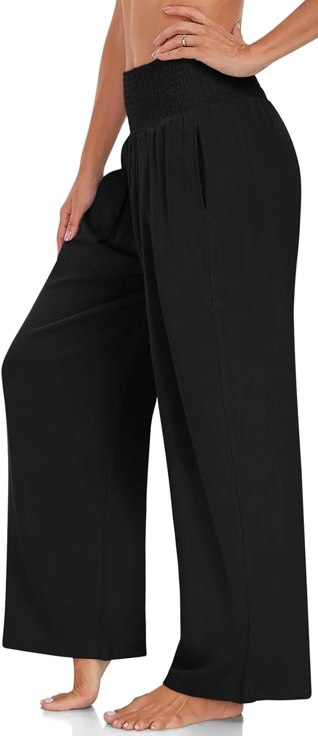 TARSE Womens Summer Linen Palazzo Pants Boho High Waisted Wide Leg Casual Long Lounge Pant Trousers with Pockets