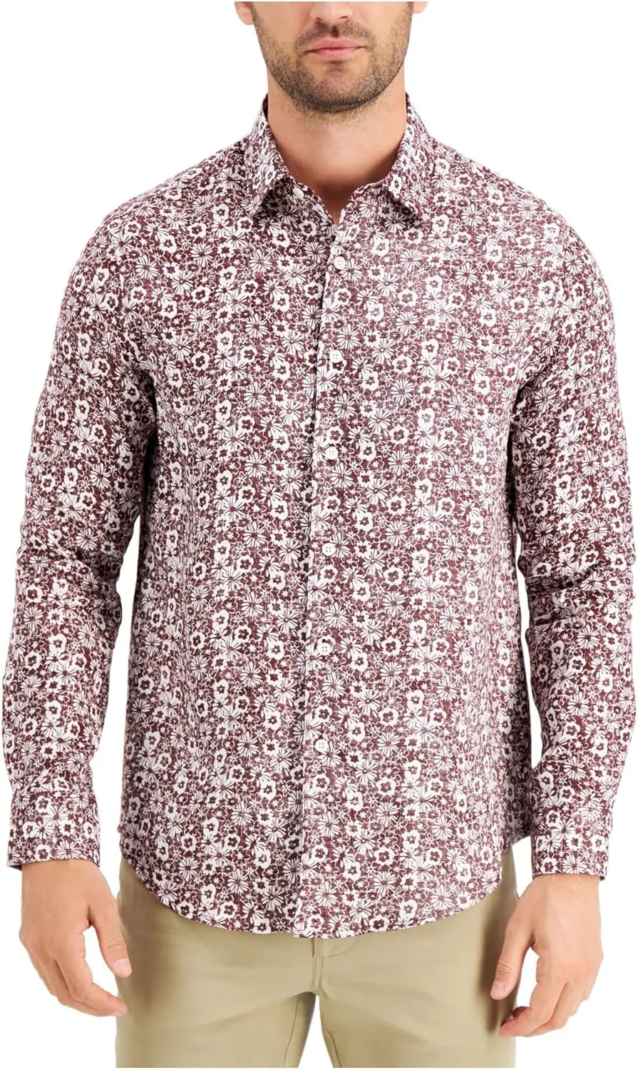 Tasso Elba Mens Shirt Small Afara Flora Linen Button Up Red S