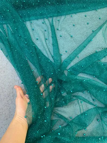 Teal Pearl Beaded Glittery Mesh/Tulle
