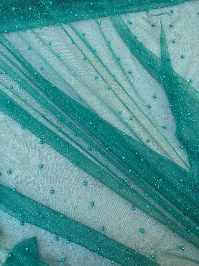 Teal Pearl Beaded Glittery Mesh/Tulle