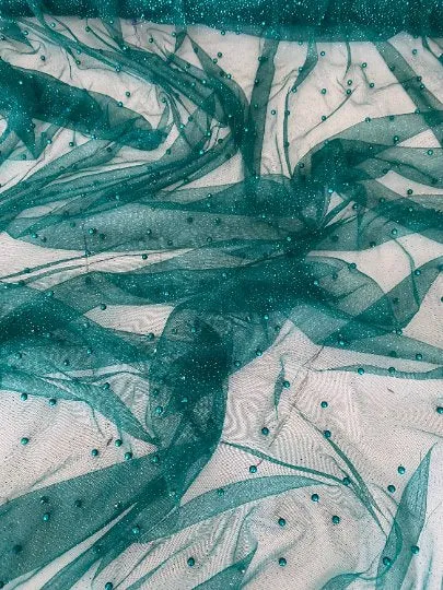 Teal Pearl Beaded Glittery Mesh/Tulle