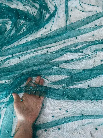 Teal Pearl Beaded Glittery Mesh/Tulle