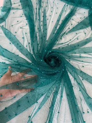 Teal Pearl Beaded Glittery Mesh/Tulle