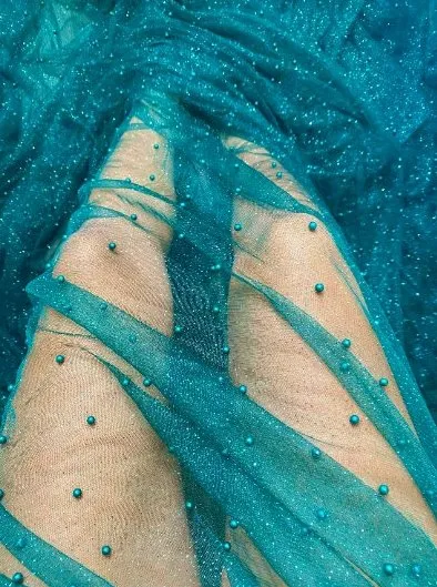 Teal Pearl Beaded Glittery Mesh/Tulle