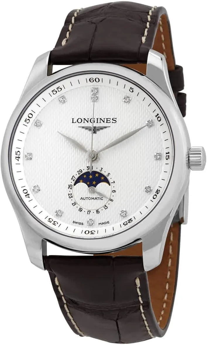 The Longines Master Collection Moonphase Automatic Silver Dial with Diamonds, Brown Alligator Strap L2.909.4.77.3