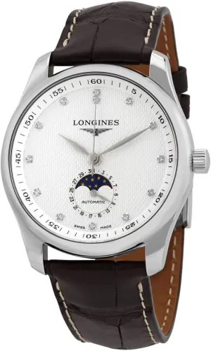 The Longines Master Collection Moonphase Automatic Silver Dial with Diamonds, Brown Alligator Strap L2.909.4.77.3