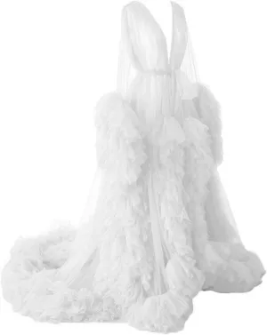 Tianzhihe Puffy Tulle Robe Maternity Dress for Photoshoot Long Sheer Bridal Robe Baby Shower Dress Pregancy Gown Nightgown
