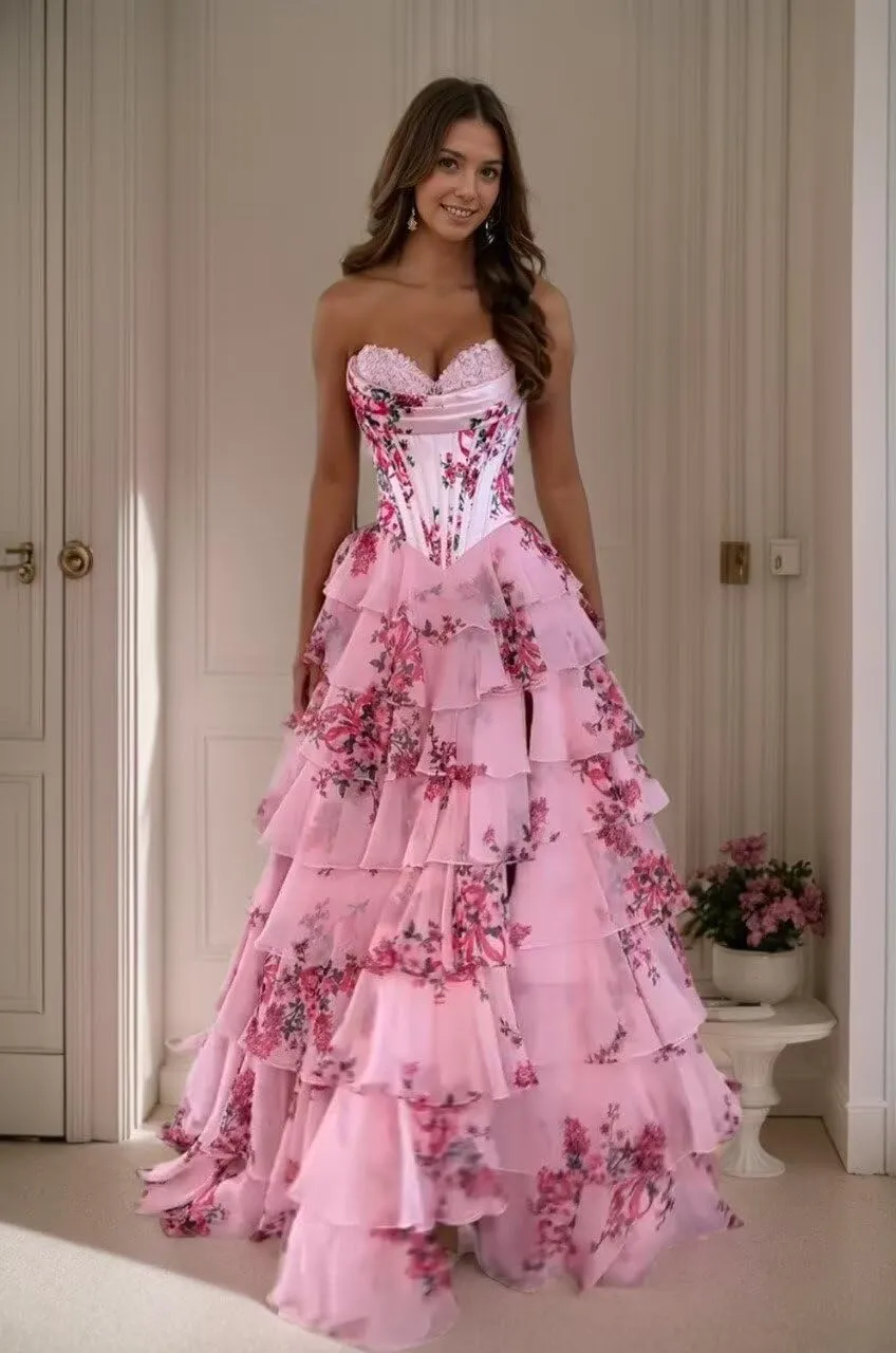 Tiered Floral Print Prom Dresses Long Ball Gown Tulle Formal Dress Strapless Evening Gown Sweetheart Party Dress